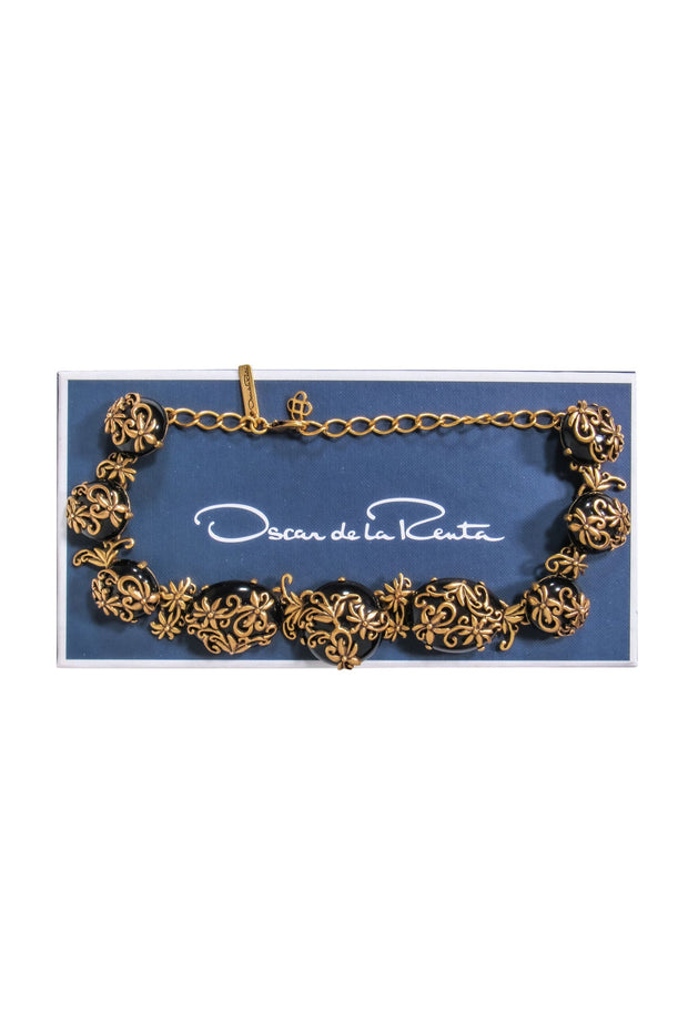 Current Boutique-Oscar de la Renta - Gold & Black Stone Necklace w/ Flowers