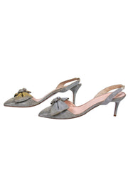 Current Boutique-Oscar de la Renta - Silver Sparkly Slingback Pumps w/ Embellished Bow Sz 10