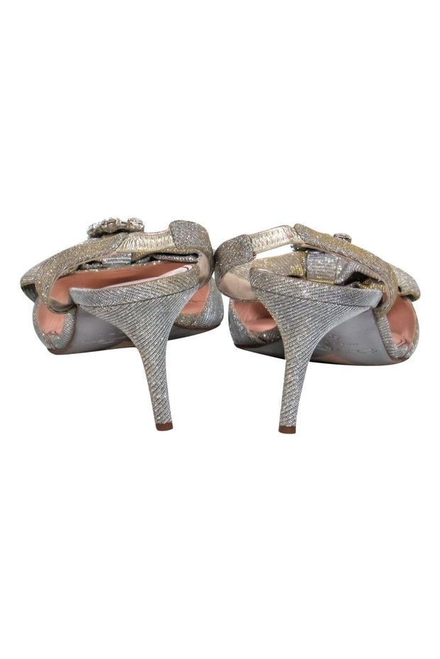 Current Boutique-Oscar de la Renta - Silver Sparkly Slingback Pumps w/ Embellished Bow Sz 10