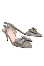 Current Boutique-Oscar de la Renta - Silver Sparkly Slingback Pumps w/ Embellished Bow Sz 10