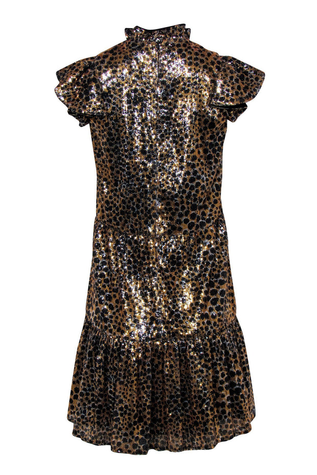 Current Boutique-Othilia - Gold & Black Sequin Leopard Print Cap Sleeve Tiered Dress Sz XS