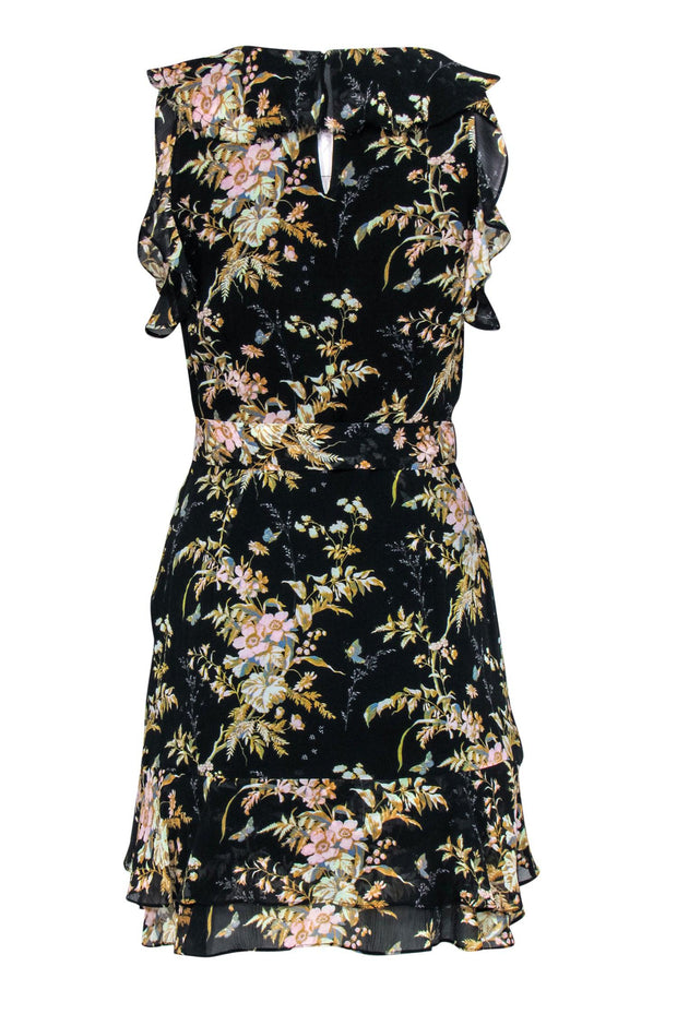 Current Boutique-Paige - Black & Yellow Floral Print Ruffled Belted Fit & Flare Dress Sz XS