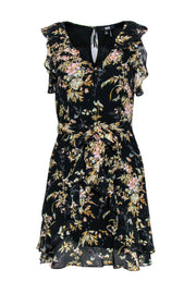 Current Boutique-Paige - Black & Yellow Floral Print Ruffled Belted Fit & Flare Dress Sz XS