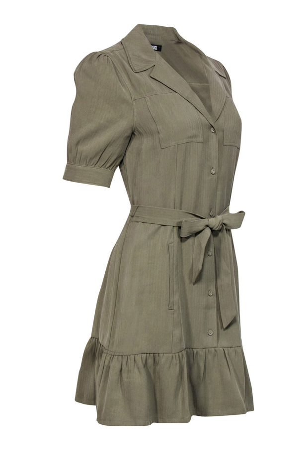 Current Boutique-Paige - Olive Button-Up Puff Sleeve Belted Shift Dress w/ Flounce Hem Sz S