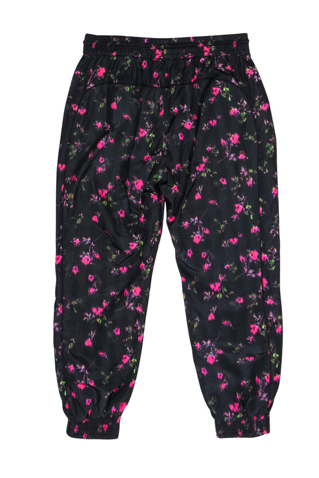 Current Boutique-Pam & Gela - Black & Pink Floral Print Drawstring Track Pants w/ “Move Fast” Logo Sz S