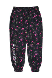 Current Boutique-Pam & Gela - Black & Pink Floral Print Drawstring Track Pants w/ “Move Fast” Logo Sz S