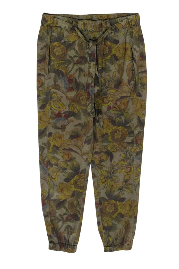 Current Boutique-Pam & Gela - Olive Green Floral Print Tie Waist Joggers Sz S