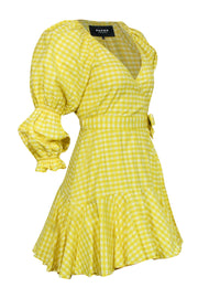 Current Boutique-Paper London - Yellow Gingham Print Long Sleeve Wrap Dress w/ Flounce Hem Sz 6