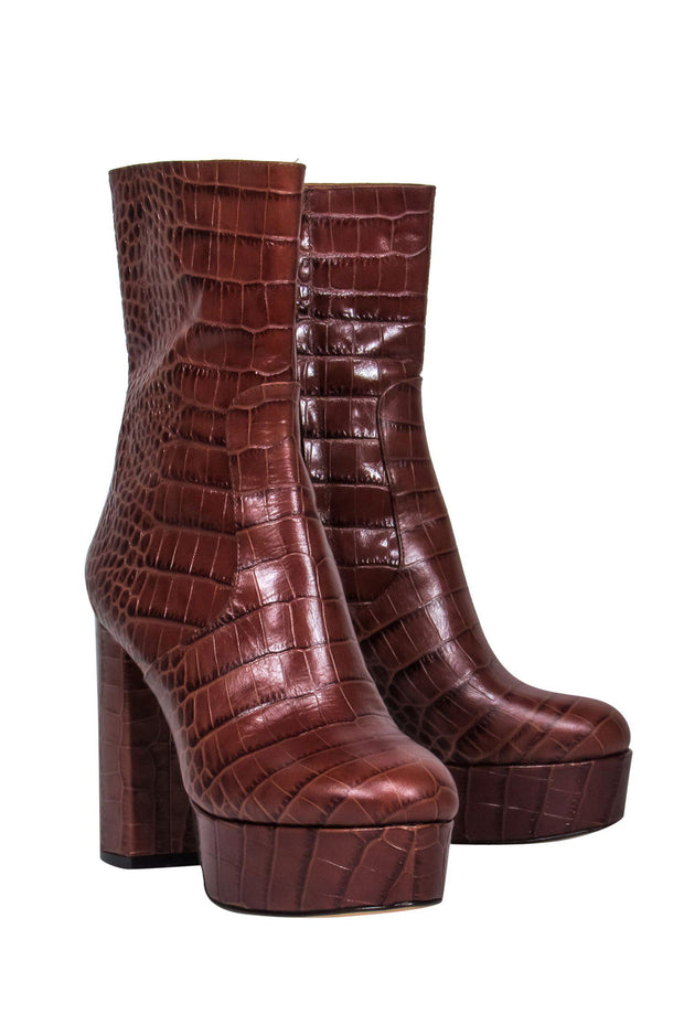 Current Boutique-Paris Texas - Brown Embossed Leather Platform Block Heel Boots Sz 8