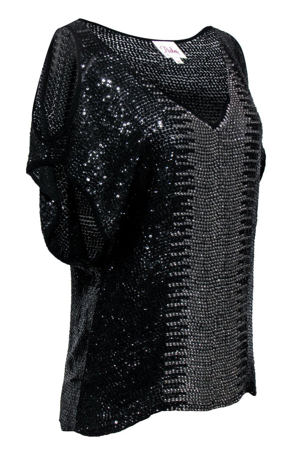 Current Boutique-Parker - Black Beaded & Sequin Cold Shoulder Short Sleeve Silk Blouse Sz XS