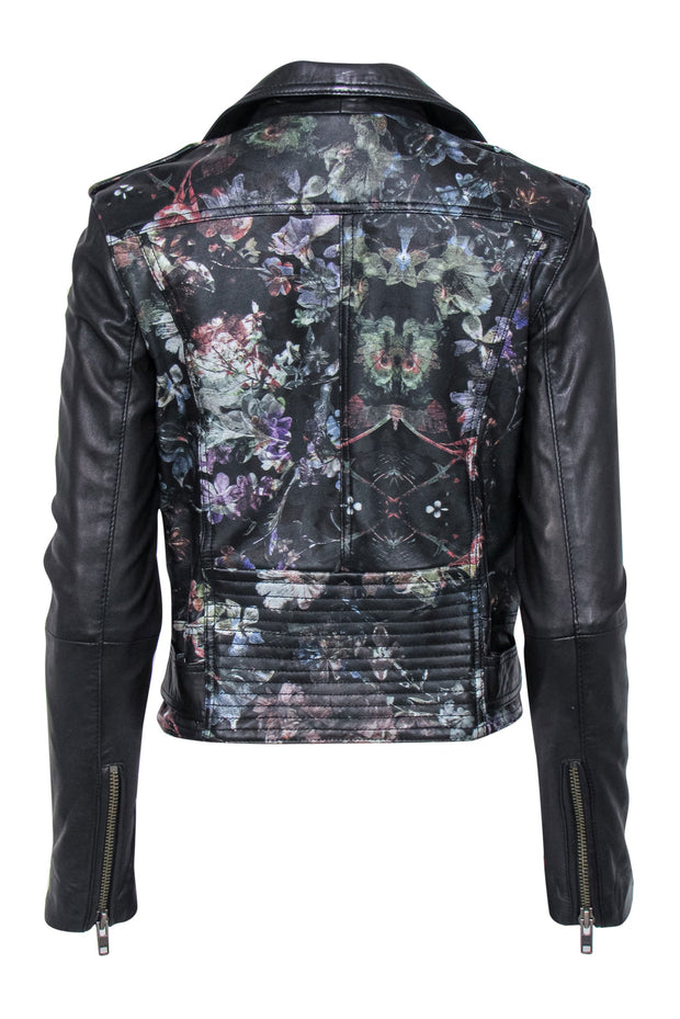 Current Boutique-Parker - Black Floral Print Zip-Up Leather Moto-Style Jacket Sz S