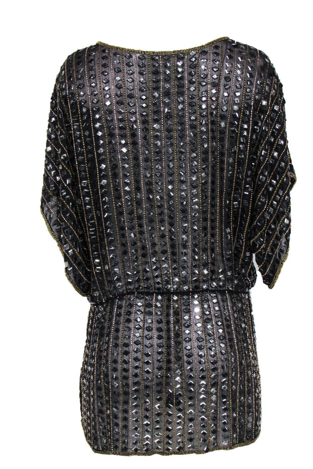 Current Boutique-Parker - Black Jeweled & Beaded Short Sleeve Silk Tunic-Style Dress Sz S