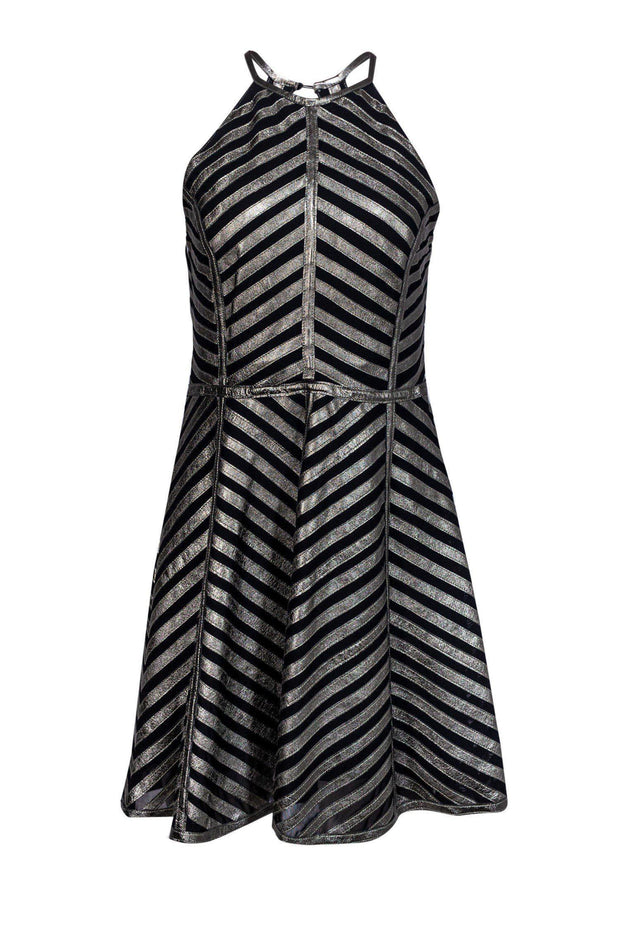 Current Boutique-Parker - Black & Metallic Pewter Striped Dress Sz M