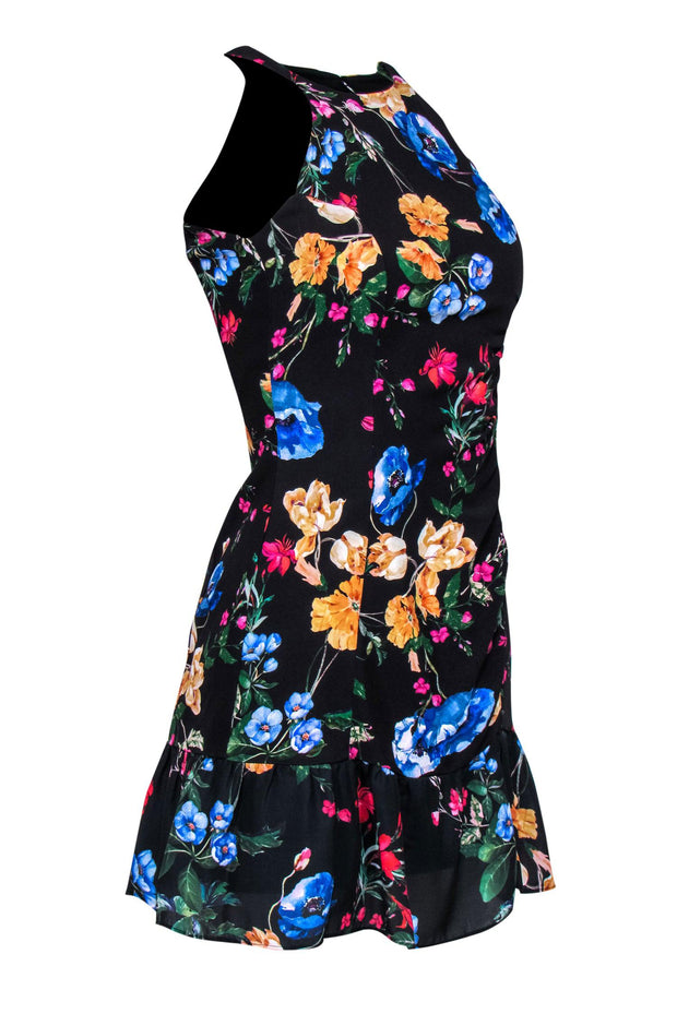 Current Boutique-Parker - Black & Multicolor Floral Print Ruched Sheath Dress w/ Flounce Hem Sz 2