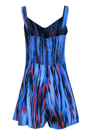 Current Boutique-Parker - Blue, Red & Black Watercolor Print Sleeveless Silk Romper Sz S