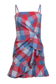 Current Boutique-Parker - Blue & Red Checkered Sleeveless Ruffled Sheath Dress Sz 0