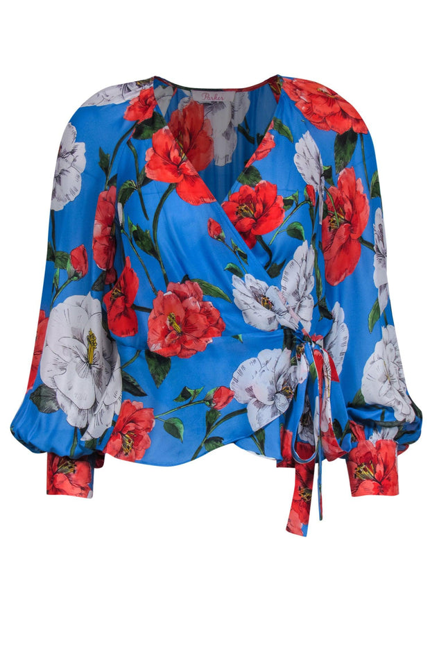 Current Boutique-Parker - Blue & Red Floral Silk Blend Wrap Blouse Sz S