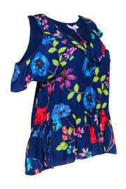 Current Boutique-Parker - Blue Ruffle Sleeveless Blouse w/ Floral Pattern Sz S