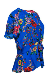 Current Boutique-Parker - Blue Tropical Floral Print Short Sleeve Blouse w/ Tie Sz L