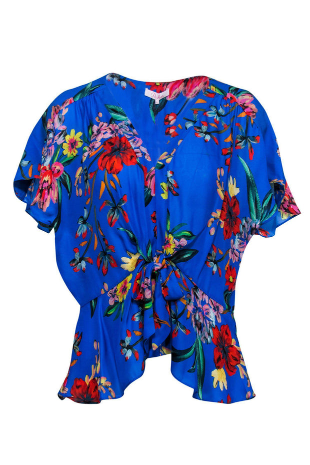 Current Boutique-Parker - Blue Tropical Floral Print Short Sleeve Blouse w/ Tie Sz L