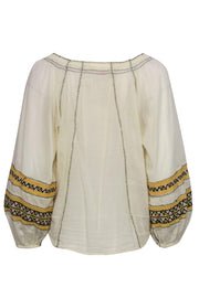 Current Boutique-Parker - Ivory Long Sleeve Peasant Blouse w/ Yellow Embroidered Trim Sz S