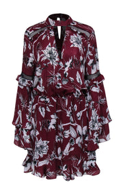 Current Boutique-Parker - Maroon & White Floral Keyhole Front Dress w/ Tiered Sleeves Sz L