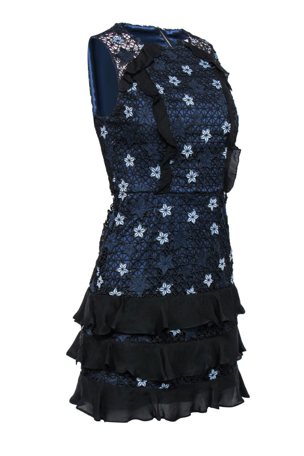 Current Boutique-Parker - Navy, Light Blue & Black Star Lace Ruffled Sheath Dress Sz 0