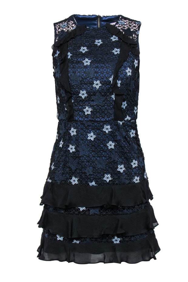 Current Boutique-Parker - Navy, Light Blue & Black Star Lace Ruffled Sheath Dress Sz 0