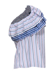 Current Boutique-Parker - White, Blue & Pink Striped Ruffle One-Shoulder Blouse Sz S