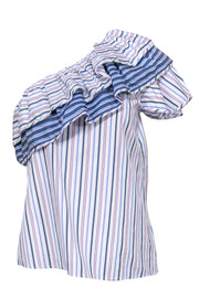 Current Boutique-Parker - White, Blue & Pink Striped Ruffle One-Shoulder Blouse Sz S