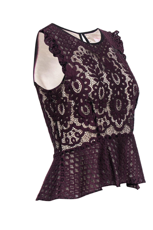 Current Boutique-Parker - Wine Red & Beige Lace Peplum Top Sz S