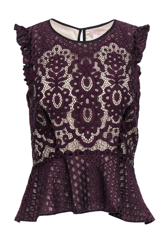 Current Boutique-Parker - Wine Red & Beige Lace Peplum Top Sz S