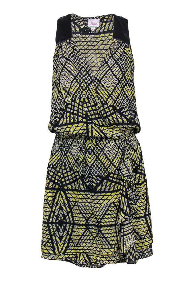 Current Boutique-Parker - Yellow & Black Patterned Silk Wrap Dress w/ Leather Trim Sz S