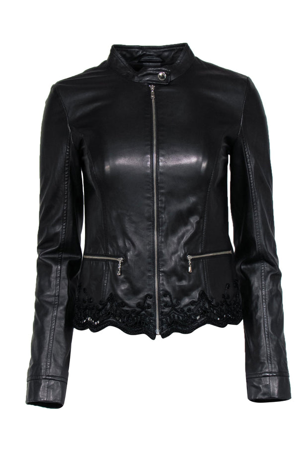 Current Boutique-Patrizia Pepe - Black Leather Zip-Up Jacket w/ Lace Trim Sz 4