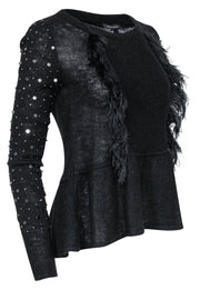 Current Boutique-Patrizia Pepe - Black Wool Blend Sweater w/ Feathered, Beaded & Sequin Fringe Sz 2