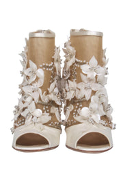 Current Boutique-Paul Andrew - Ivory Satin & Mesh Floral Beaded Peep Toe Booties w/ Lucite Heel Sz 6.5