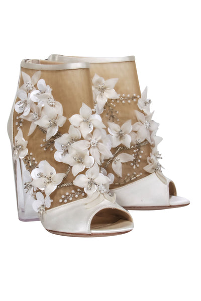 Current Boutique-Paul Andrew - Ivory Satin & Mesh Floral Beaded Peep Toe Booties w/ Lucite Heel Sz 6.5