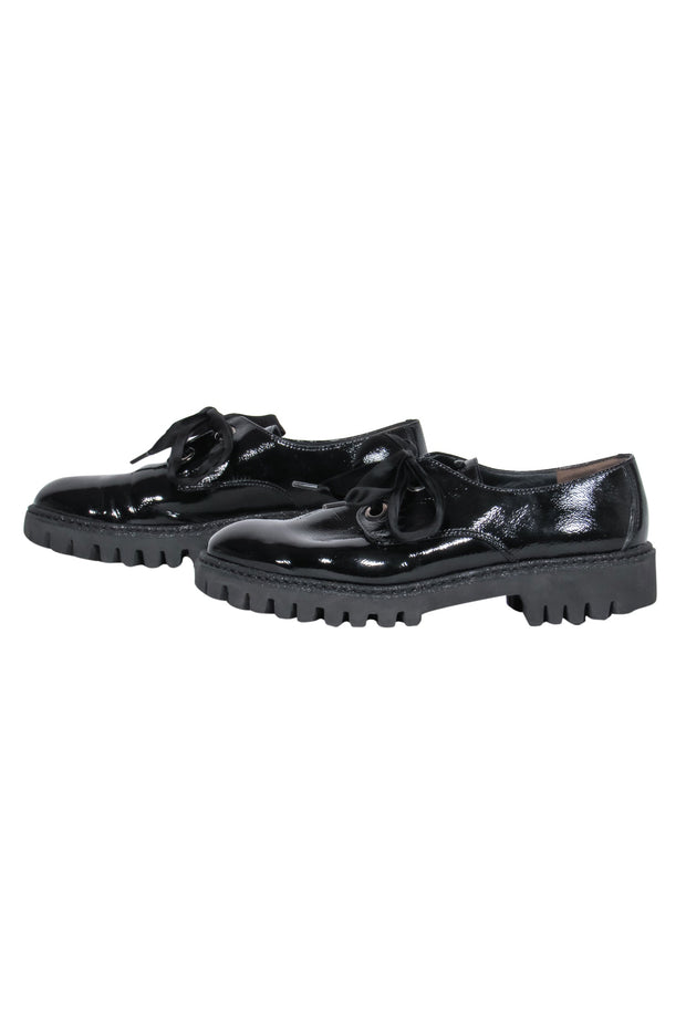 Current Boutique-Paul Green - Black Patent Leather Lace-Up Platform Loafers w/ Gem Embellishments Sz 8