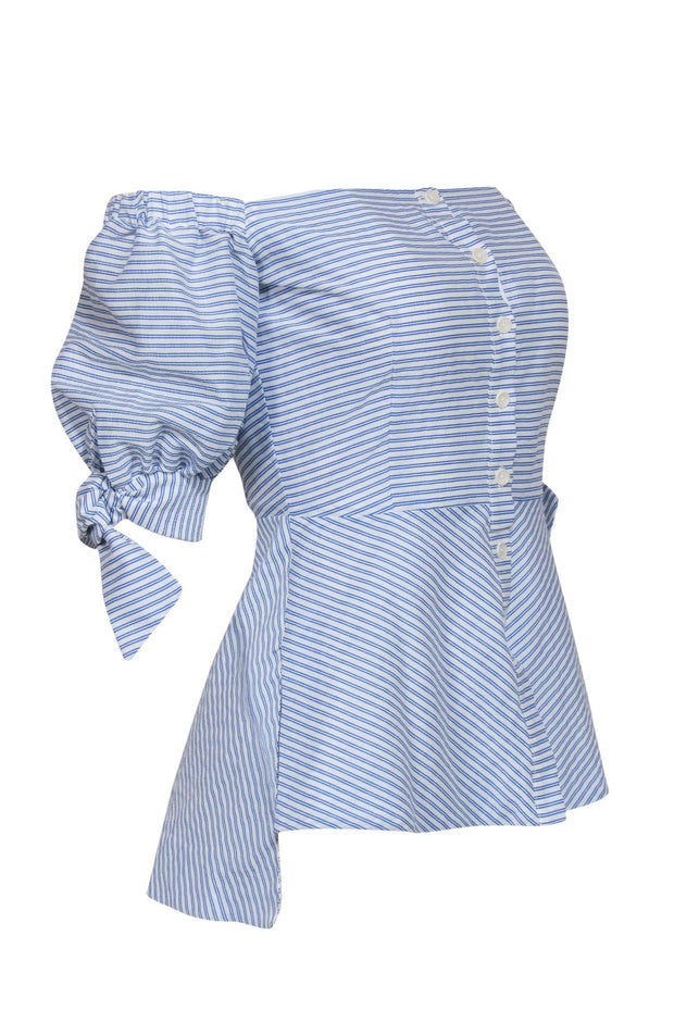 Current Boutique-Pearl by Lela Rose - Blue & White Striped Off-the-Shoulder Puff Sleeve Blouse Sz 0