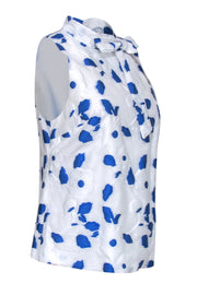 Current Boutique-Pearl by Lela Rose - White & Cobalt Floral Print Tank w/ Tie Sz 6