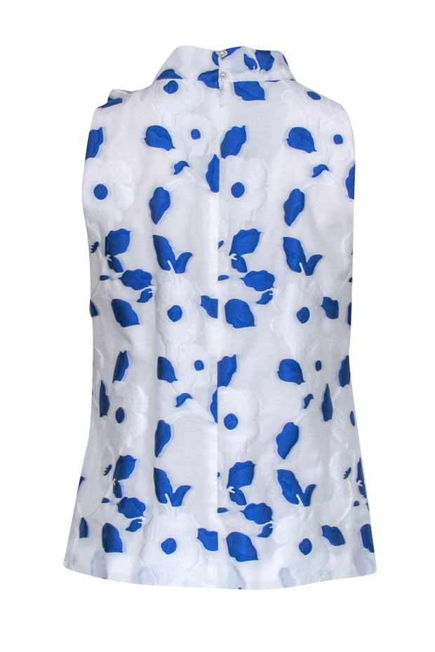 Current Boutique-Pearl by Lela Rose - White & Cobalt Floral Print Tank w/ Tie Sz 6