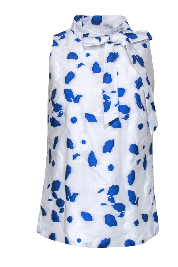 Current Boutique-Pearl by Lela Rose - White & Cobalt Floral Print Tank w/ Tie Sz 6