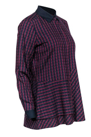 Current Boutique-Per Se - Navy & Red Plaid Button-Up Collared Blouse w/ Asymmetrical Flounce Hem Sz 4