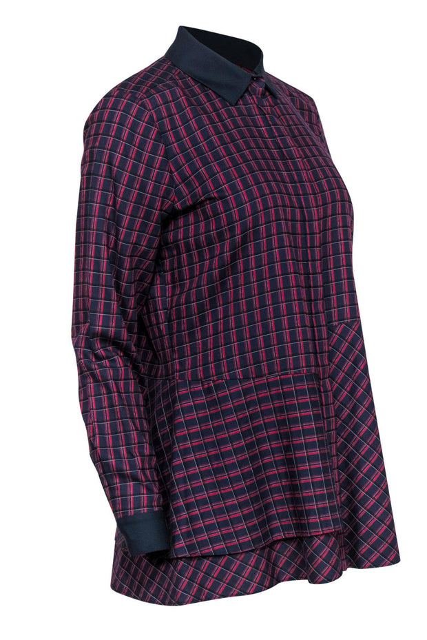 Current Boutique-Per Se - Navy & Red Plaid Button-Up Collared Blouse w/ Asymmetrical Flounce Hem Sz 4