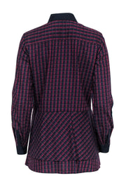 Current Boutique-Per Se - Navy & Red Plaid Button-Up Collared Blouse w/ Asymmetrical Flounce Hem Sz 4