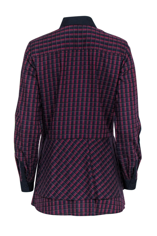 Current Boutique-Per Se - Navy & Red Plaid Button-Up Collared Blouse w/ Asymmetrical Flounce Hem Sz 4