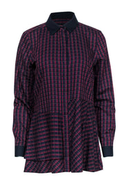 Current Boutique-Per Se - Navy & Red Plaid Button-Up Collared Blouse w/ Asymmetrical Flounce Hem Sz 4