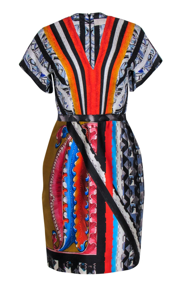 Current Boutique-Peter Pilotto - Multi-Patterned Silk Satin V-Neck Sheath Dress Sz 6