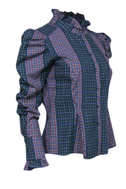 Current Boutique-Petersyn - Green, Burgundy & Navy Plaid "Sasha" Cotton Ruffled Blouse Sz M