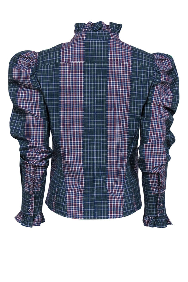 Current Boutique-Petersyn - Green, Burgundy & Navy Plaid "Sasha" Cotton Ruffled Blouse Sz M